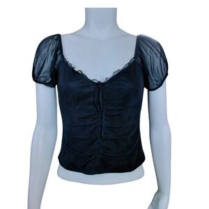 Ambiance Black Ruched Sweetheart Neck Top Sheer Puff Sleeve Womens Large